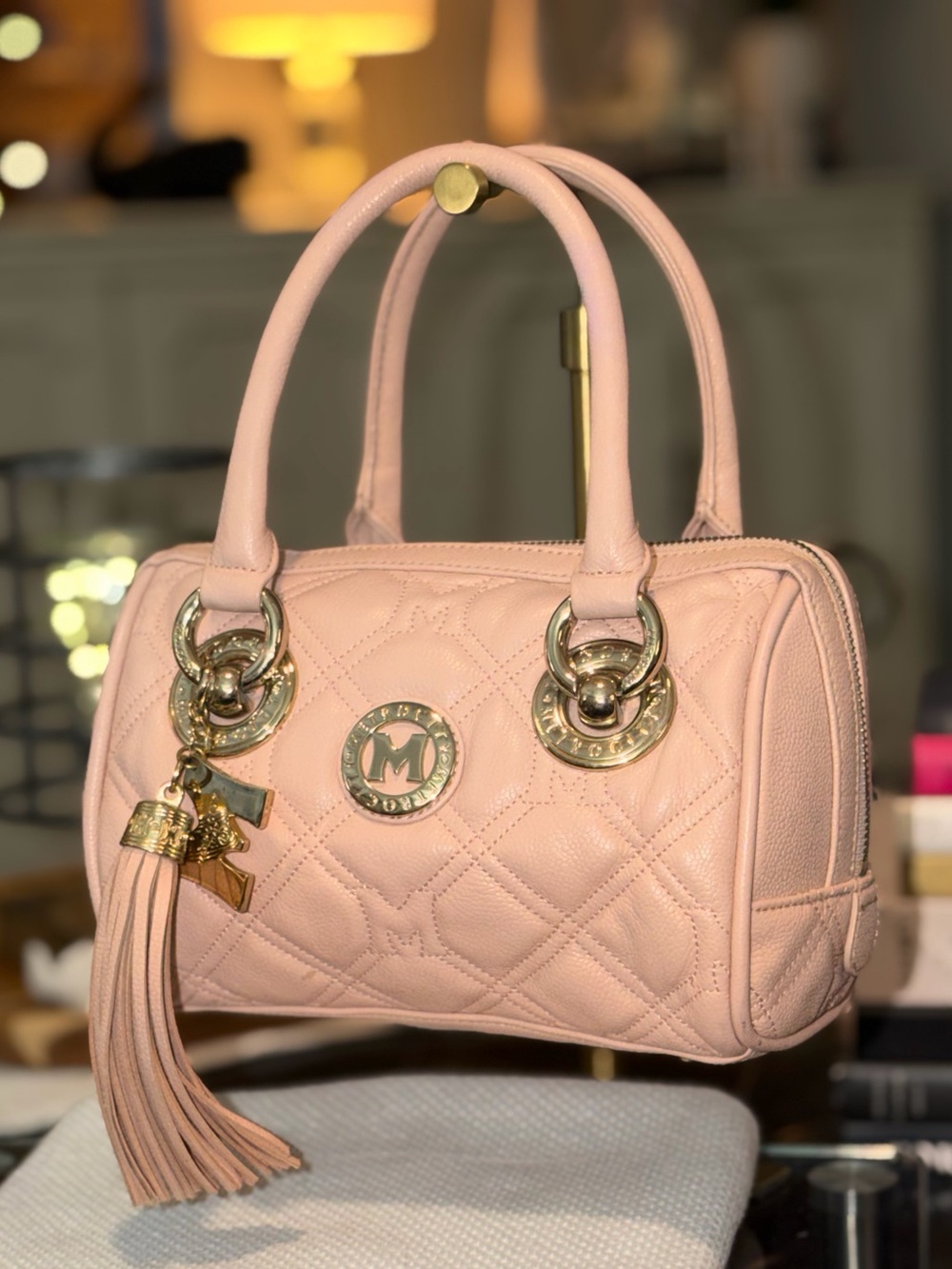 METROCITY Pale Pink Quilted Boston Satchel w/Gold-Tone Hardware. EUC Beautiful!